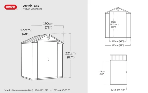 Keter 6'x4' Darwin Heavy Duty Plastic Garden Shed Double Door-  Grey - Image 4