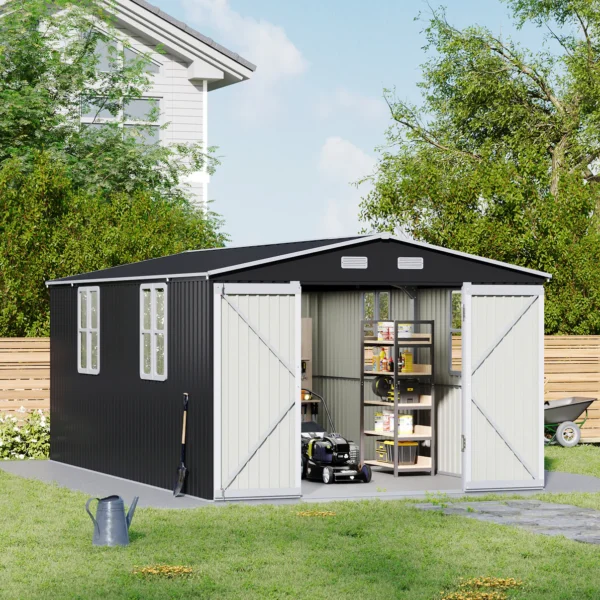 Living and Home 10x16 Double Hinged Metal Shed - Charcoal Black - Image 2