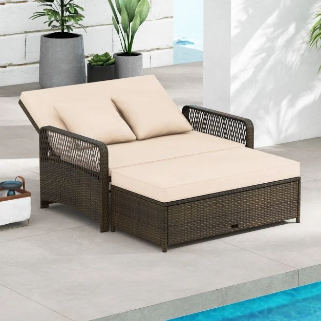 Pro-Tect 2-Piece Outdoor Wicker Loveseat Sofa Furniture with Storage Ottoman - Mix Brown/Beige - Image 2