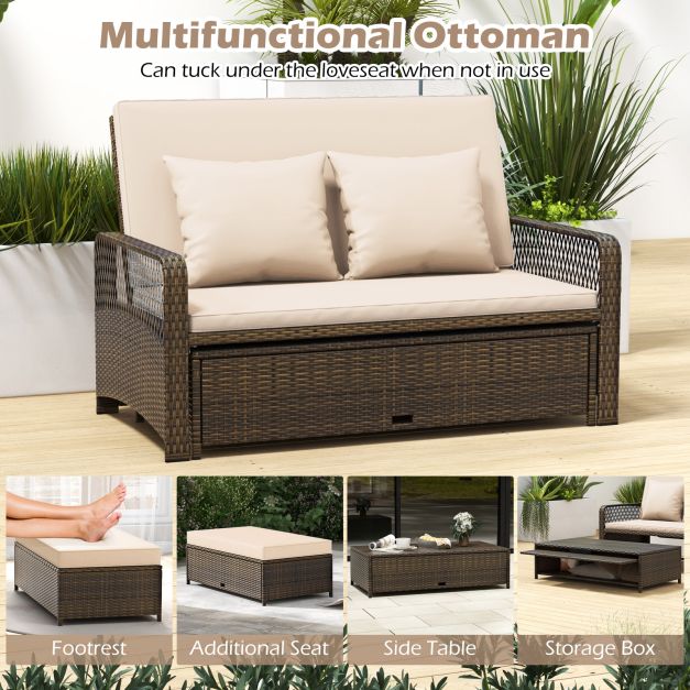 Pro-Tect 2-Piece Outdoor Wicker Loveseat Sofa Furniture with Storage Ottoman - Mix Brown/Beige - Image 10