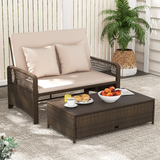 Pro-Tect 2-Piece Outdoor Wicker Loveseat Sofa Furniture with Storage Ottoman - Mix Brown/Beige - Image 3
