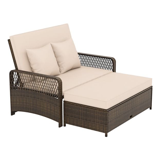 Pro-Tect 2-Piece Outdoor Wicker Loveseat Sofa Furniture with Storage Ottoman - Mix Brown/Beige