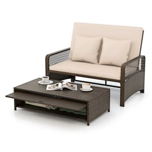 Pro-Tect 2-Piece Outdoor Wicker Loveseat Sofa Furniture with Storage Ottoman - Mix Brown/Beige - Image 5