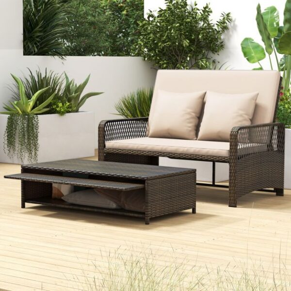 Pro-Tect 2-Piece Outdoor Wicker Loveseat Sofa Furniture with Storage Ottoman - Mix Brown/Beige - Image 6