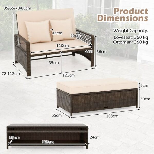 Pro-Tect 2-Piece Outdoor Wicker Loveseat Sofa Furniture with Storage Ottoman - Mix Brown/Beige - Image 11