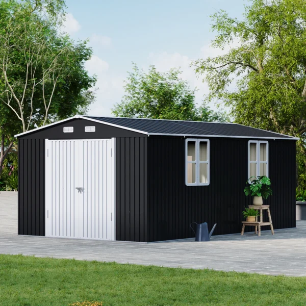 Living and Home 10x16 Double Hinged Metal Shed - Charcoal Black