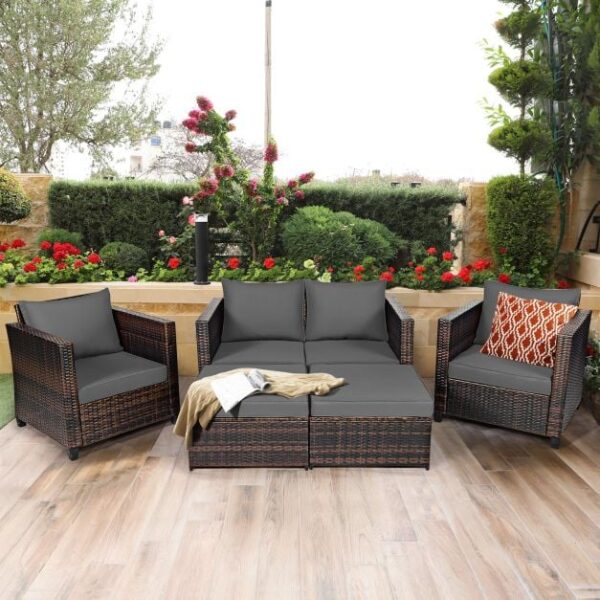 Pro-Tect 5 Piece Outdoor Rattan Patio Furniture Set with Removable Cushions - Mix Brown/Grey - Image 2