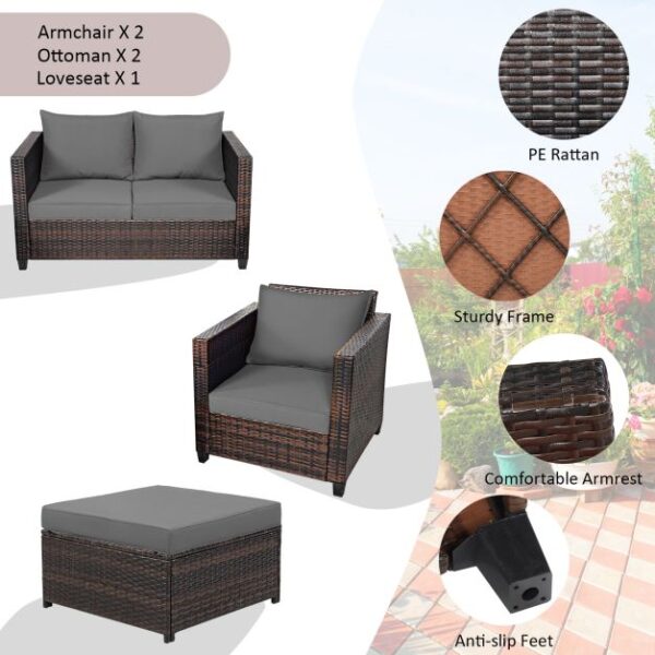 Pro-Tect 5 Piece Outdoor Rattan Patio Furniture Set with Removable Cushions - Mix Brown/Grey - Image 9