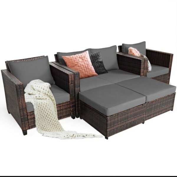 Pro-Tect 5 Piece Outdoor Rattan Patio Furniture Set with Removable Cushions - Mix Brown/Grey - Image 10