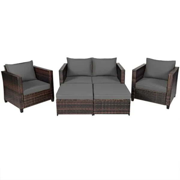 Pro-Tect 5 Piece Outdoor Rattan Patio Furniture Set with Removable Cushions - Mix Brown/Grey - Image 4