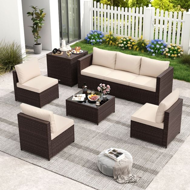 Pro-Tect 8 Piece Outdoor Patio Furniture Set with Cushions and Storage Box - Mix Brown / Beige - Image 2