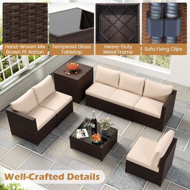 Pro-Tect 8 Piece Outdoor Patio Furniture Set with Cushions and Storage Box - Mix Brown / Beige - Image 10