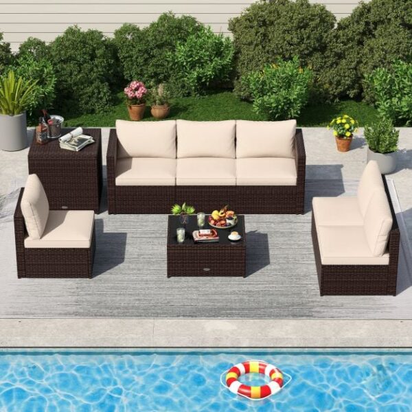 Pro-Tect 8 Piece Outdoor Patio Furniture Set with Cushions and Storage Box - Mix Brown / Beige - Image 3