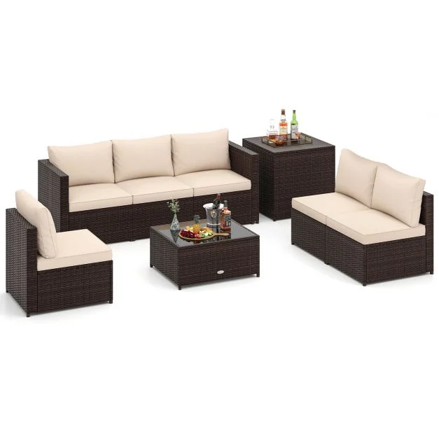 Pro-Tect 8 Piece Outdoor Patio Furniture Set with Cushions and Storage Box - Mix Brown / Beige