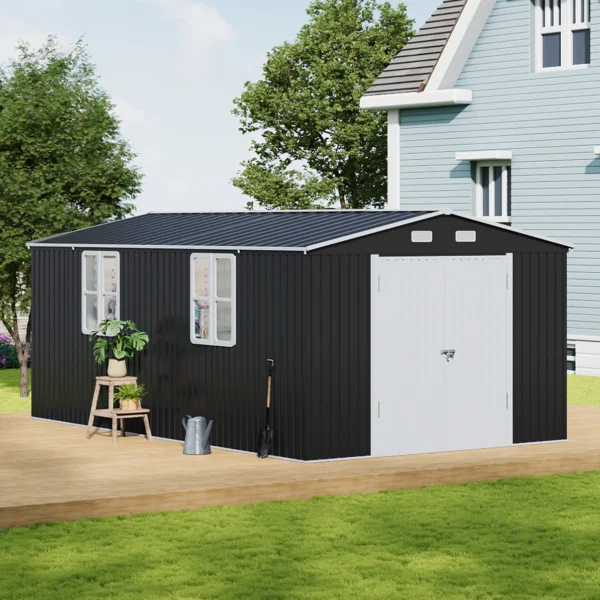 Living and Home 10x16 Double Hinged Metal Shed - Charcoal Black - Image 5