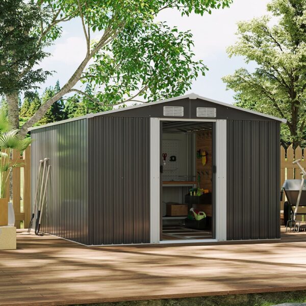Living and Home 8x10 Apex Metal Shed with Foundation Grid- Charcoal Black - Image 7