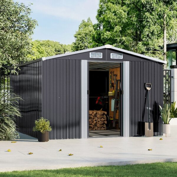 Living and Home 8x10 Apex Metal Shed with Foundation Grid- Charcoal Black - Image 8