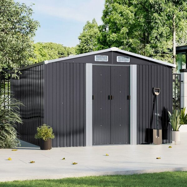 Living and Home 8x10 Apex Metal Shed with Foundation Grid- Charcoal Black - Image 9