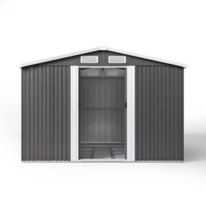 Living and Home 8x8 Apex Metal Shed with Foundation Grid- Dark Grey
