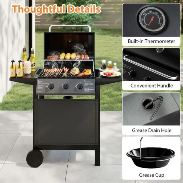 Protect Metal Outdoor 3-Burner Propane Gas Grill with Lid and Side Tables - Image 10