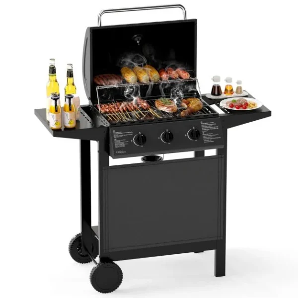 Protect Metal Outdoor 3-Burner Propane Gas Grill with Lid and Side Tables - Image 5