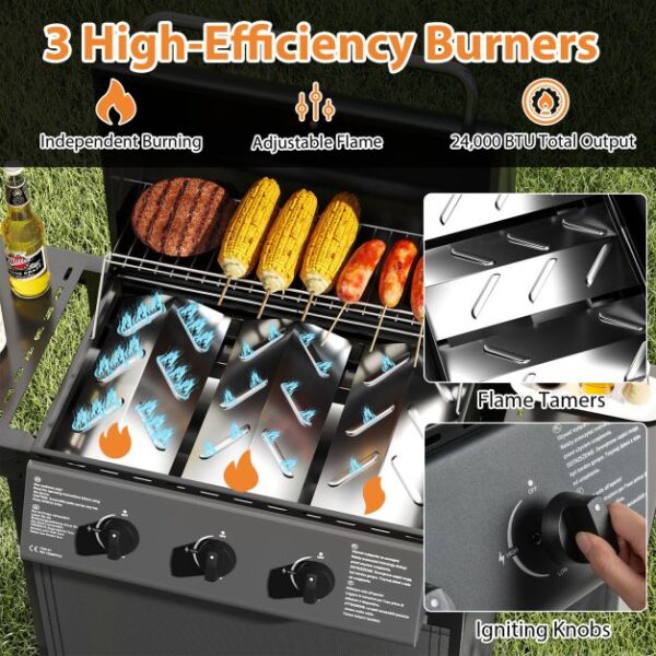 Protect Metal Outdoor 3-Burner Propane Gas Grill with Lid and Side Tables - Image 7