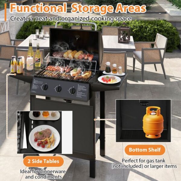 Protect Metal Outdoor 3-Burner Propane Gas Grill with Lid and Side Tables - Image 8