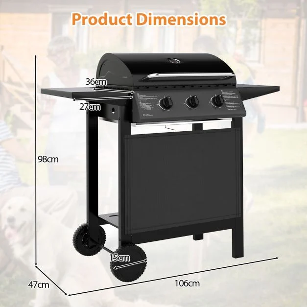 Protect Metal Outdoor 3-Burner Propane Gas Grill with Lid and Side Tables - Image 2