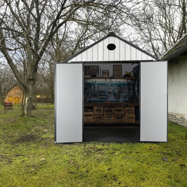 Living and Home 8x12 WoodField Woodgrain Plastic Apex Shed - Light Grey (Coming Soon) - Image 2