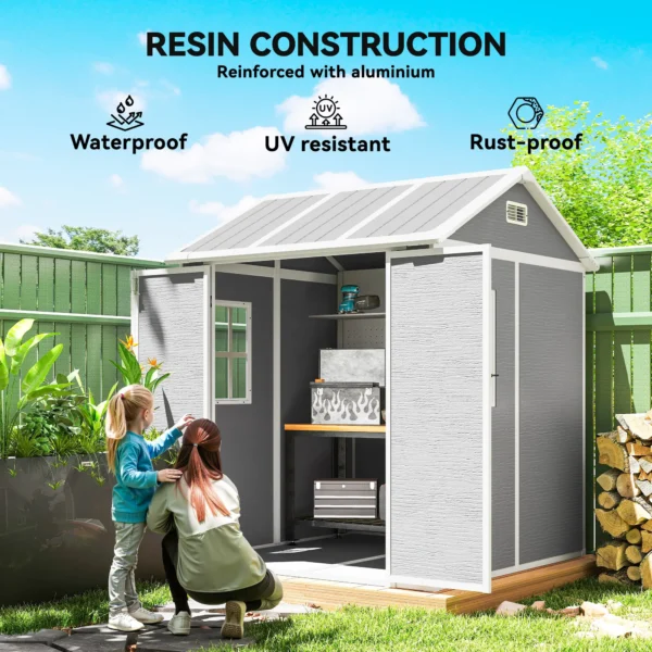 Outsunny 6x6 Plastic Storage Shed with Window and Floor - Grey - Image 2