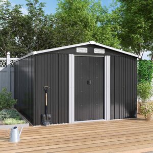 Living and Home 8x10 Apex Metal Shed with Foundation Grid- Charcoal Black