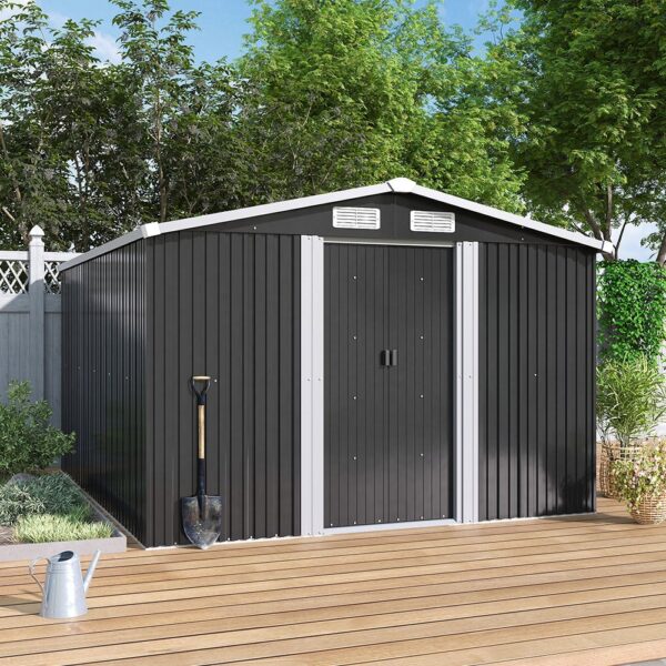 Living and Home 8x10 Apex Metal Shed with Foundation Grid- Charcoal Black