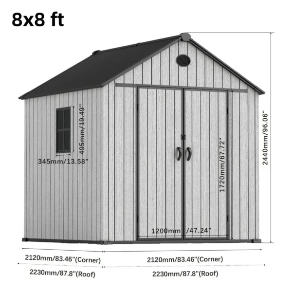 Living and Home 8x8 WoodField Woodgrain Plastic Apex Shed - Light Grey (Coming Soon) - Image 6