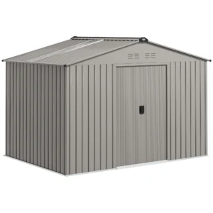 Outsunny 9ft x 6ft Metal Garden Shed Silver Grey with Foundation Grid and Skylight