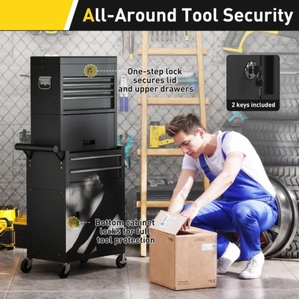 HOMCOM 3-Part Steel Locking Tool Chest - Black - Image 2