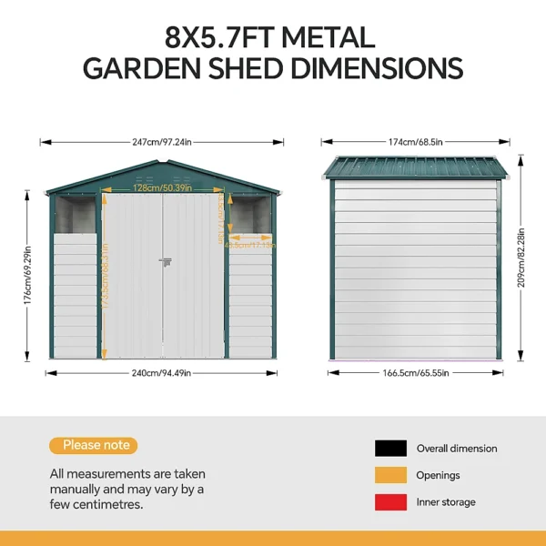 Living and Home 8x5.5 Double Hinged Metal Apex Shed with Windows - White and Green - Image 7