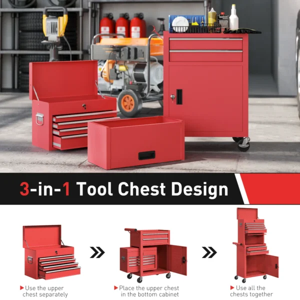 HOMCOM 3-Part Steel Locking Tool Chest -  Red - Image 4