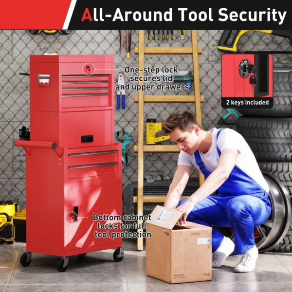 HOMCOM 3-Part Steel Locking Tool Chest -  Red - Image 2