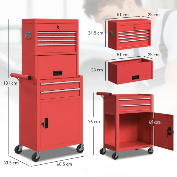 HOMCOM 3-Part Steel Locking Tool Chest -  Red - Image 5