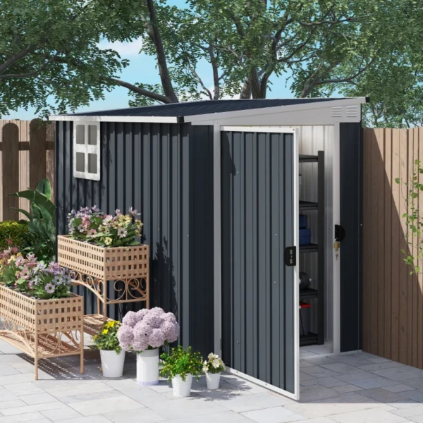 Outsunny 4ft x 7.5ft Lean To Metal Garden Shed with Window - Dark Grey - Image 7