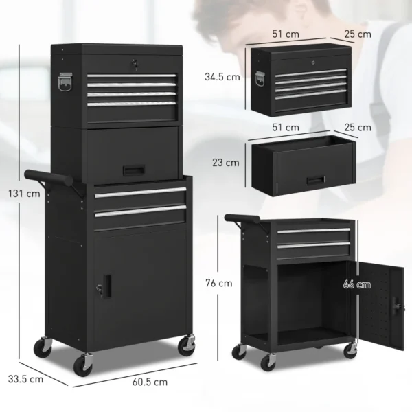HOMCOM 3-Part Steel Locking Tool Chest - Black - Image 7