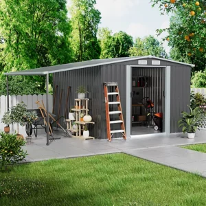 Living and Home 8'x10' Apex Metal Shed with Lean To Canopy - Dark Grey