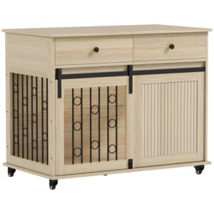Outsunny PawHut Medium Wooden Indoor Dog Crate on Wheels - Oak Tone