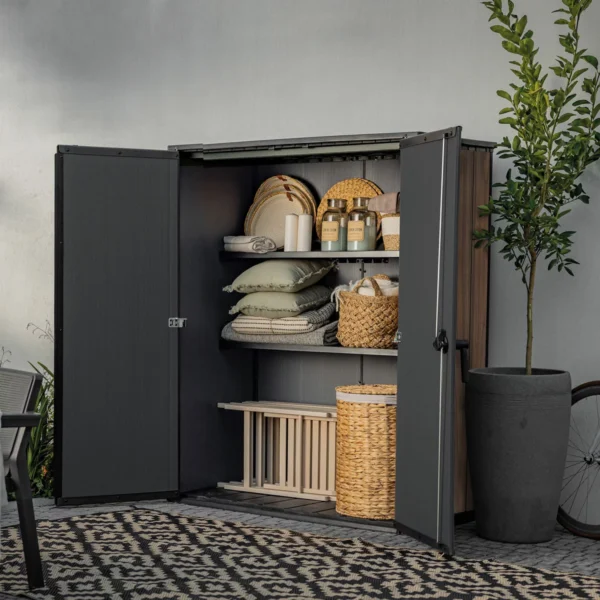 Keter 4.5' x 2' Rosewood Alto Heavy Duty Vertical Plastic Garden Shed with Shelves - Woodlook - Image 4