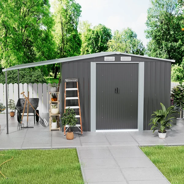 Living and Home 8'x8' Apex Metal Shed with Lean To Canopy - Dark Grey - Image 3