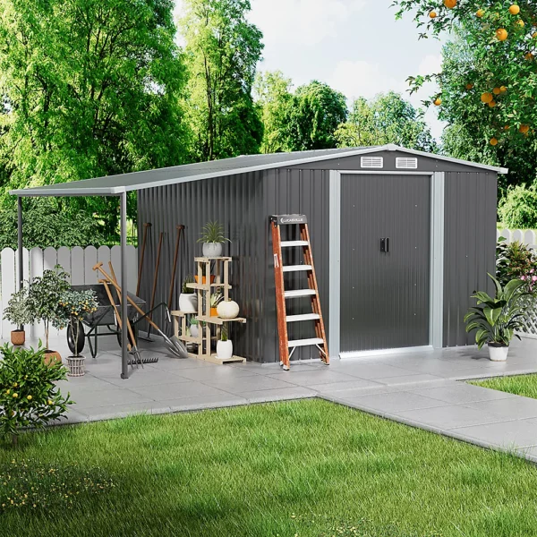 Living and Home 8'x8' Apex Metal Shed with Lean To Canopy - Dark Grey - Image 4