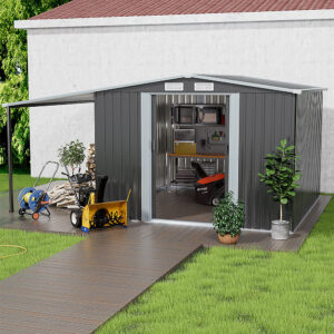 Living and Home 8'x8' Apex Metal Shed with Lean To Canopy - Dark Grey