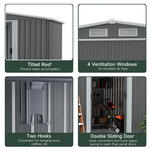 Living and Home 8'x8' Apex Metal Shed with Lean To Canopy - Dark Grey - Image 6