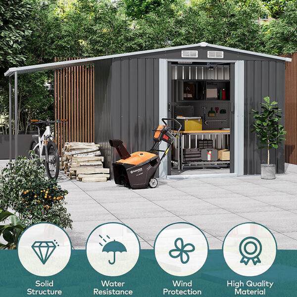 Living and Home 8'x8' Apex Metal Shed with Lean To Canopy - Dark Grey - Image 7