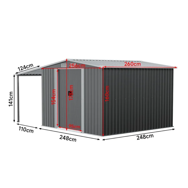 Living and Home 8'x8' Apex Metal Shed with Lean To Canopy - Dark Grey - Image 2